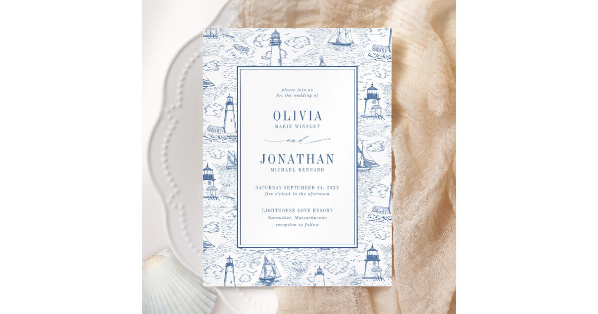 Coastal Toile Lighthouse Blue Wedding Invitation | Zazzle