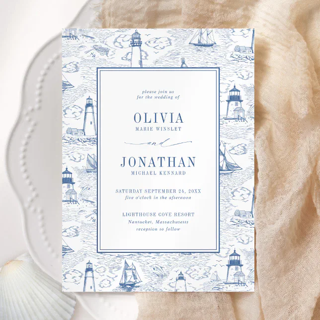 Coastal Toile Lighthouse Blue Wedding Invitation | Zazzle