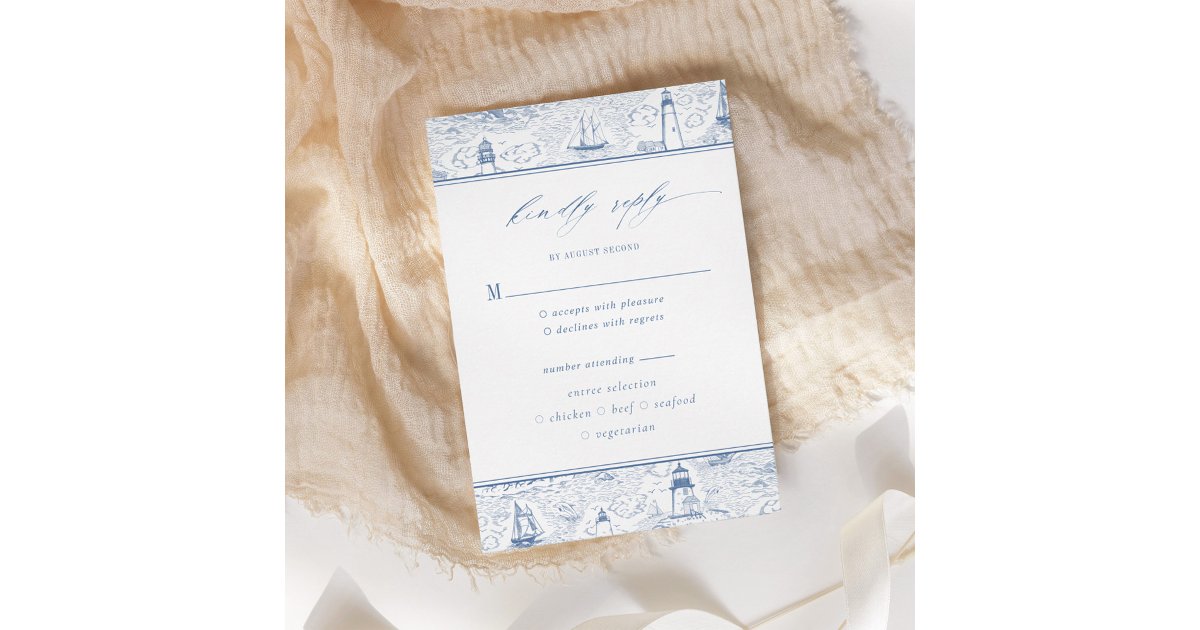 Coastal Toile Lighthouse Blue Wedding RSVP Card | Zazzle
