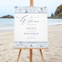 Coastal Toile Lighthouse Blue Wedding Welcome