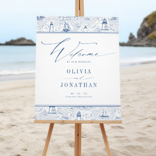 Coastal Toile Lighthouse Blue Wedding Welcome Foam Board