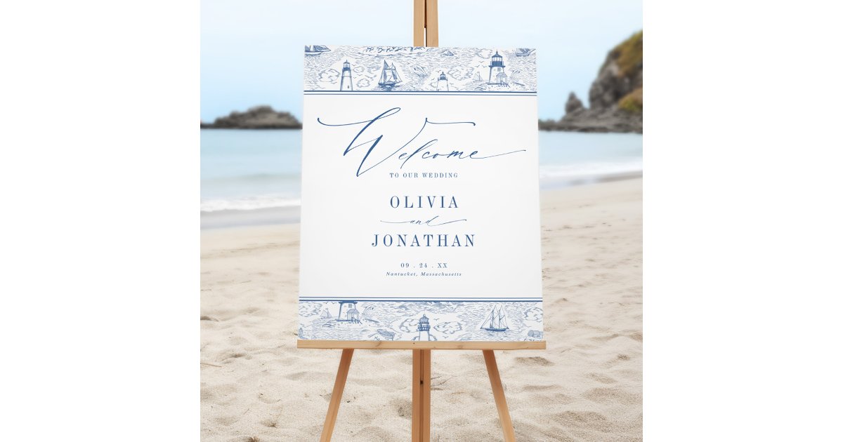 Coastal Toile Lighthouse Blue Wedding Welcome Foam Board | Zazzle