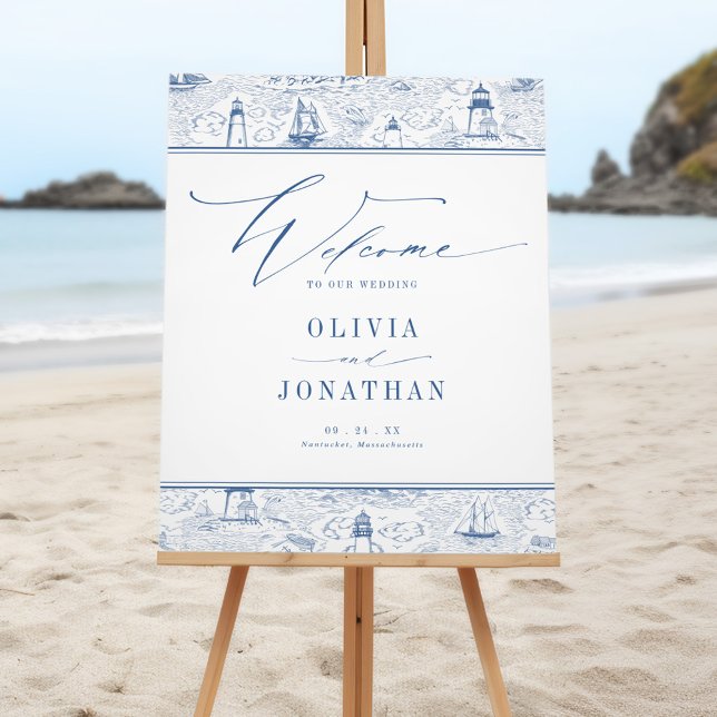 Coastal Toile Lighthouse Blue Wedding Welcome Foam Board (Creator Uploaded)