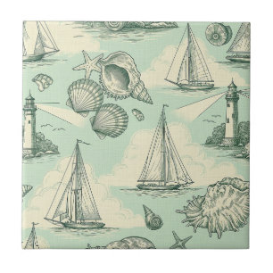 Coastal Toile with Lighthouses, Sailboats Ceramic Tile