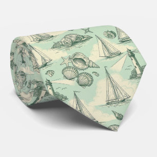 Coastal Toile with Lighthouses, Sailboats Neck Tie