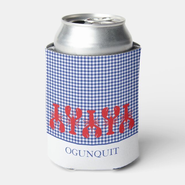 Coastal Town Name Red Lobsters Blue White Check Can Cooler (Can Front)