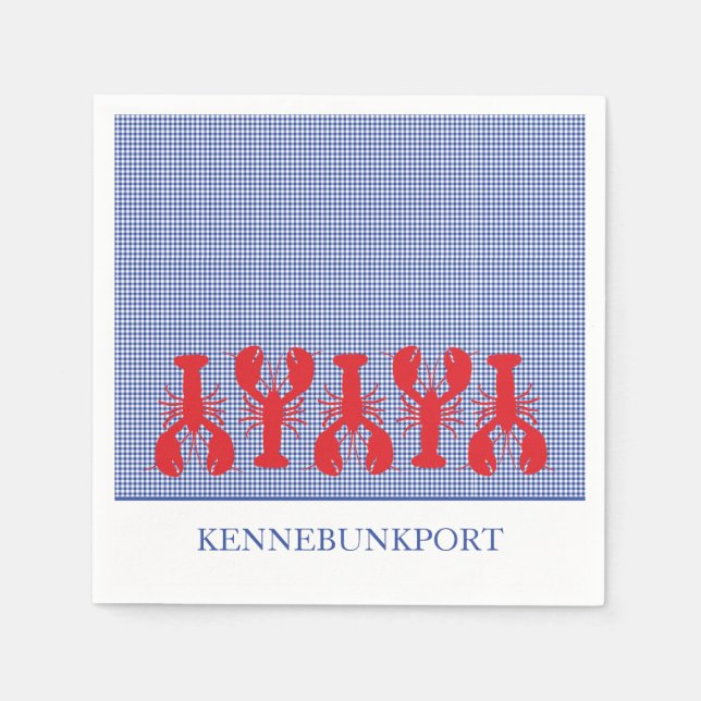 Coastal Town Name Red Lobsters Blue White Check Napkins (Front)