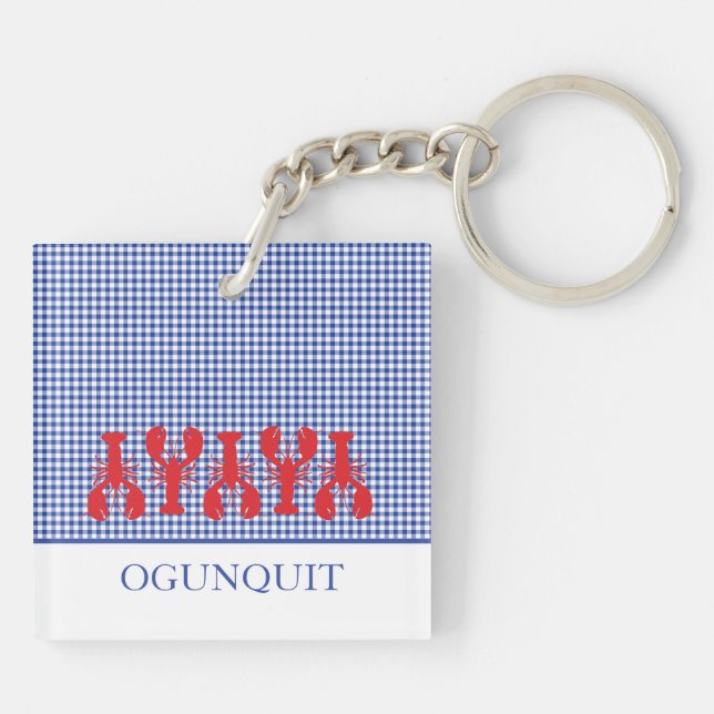 Coastal Town NAME Red Lobsters Blue White Gingham Keychain (Back)