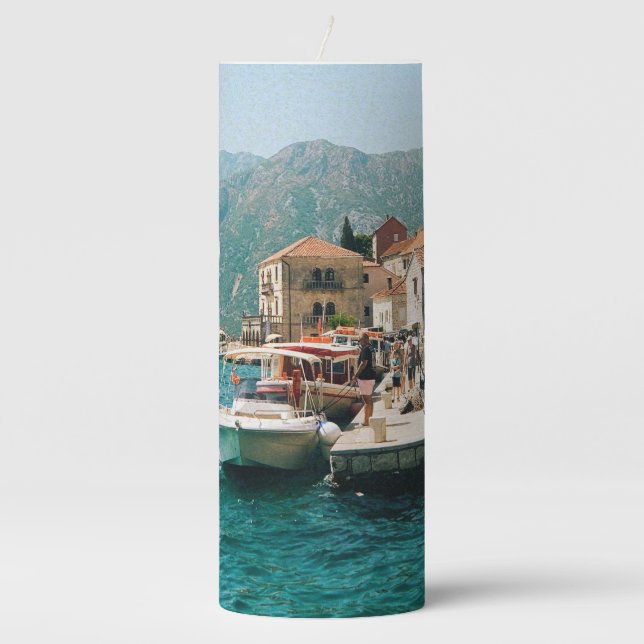 Coastal town of Perast,  Montenegro  Pillar Candle (Front)