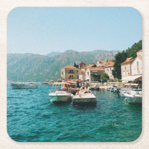 Coastal town of Perast, Montenegro Square Paper Coaster