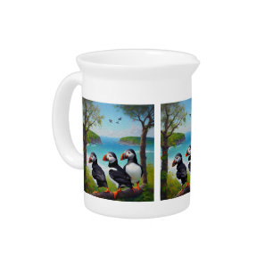 Coastal Trio: Three Puffins at the Beach in Oils Beverage Pitcher