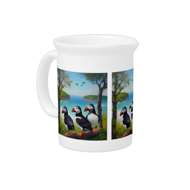 Coastal Trio: Three Puffins at the Beach in Oils Beverage Pitcher (Left)