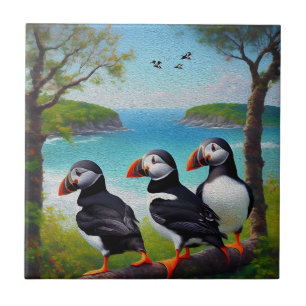 Coastal Trio: Three Puffins at the Beach in Oils Ceramic Tile