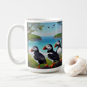 Coastal Trio: Three Puffins at the Beach in Oils Coffee Mug