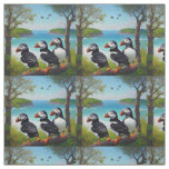 Coastal Trio: Three Puffins at the Beach in Oils Fabric