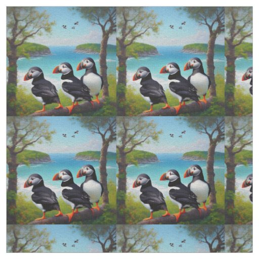 Coastal Trio: Three Puffins at the Beach in Oils Fabric