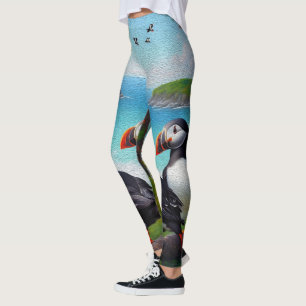 Coastal Trio: Three Puffins at the Beach in Oils Leggings