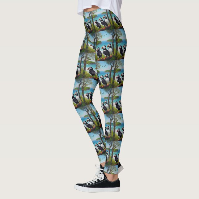 Coastal Trio: Three Puffins at the Beach in Oils Leggings (Left)