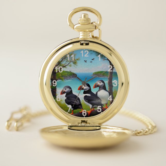 Coastal Trio: Three Puffins at the Beach in Oils Pocket Watch (Inside)