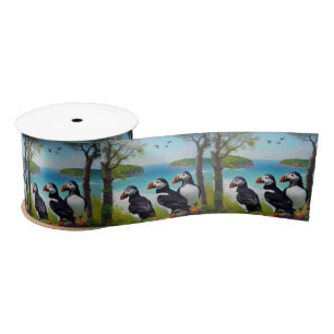 Coastal Trio: Three Puffins at the Beach in Oils Satin Ribbon