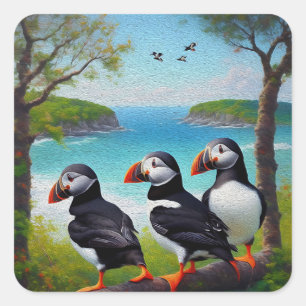 Coastal Trio: Three Puffins at the Beach in Oils Square Sticker