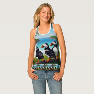 Coastal Trio: Three Puffins at the Beach in Oils Tank Top