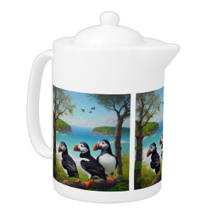 Coastal Trio: Three Puffins at the Beach in Oils Teapot