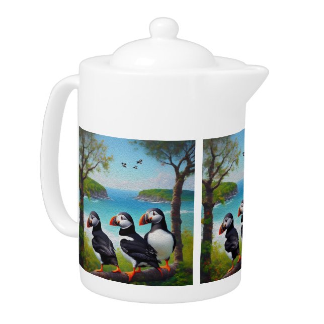 Coastal Trio: Three Puffins at the Beach in Oils Teapot (Left)