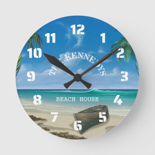 Coastal Tropical Beach House Family Name Round Clock