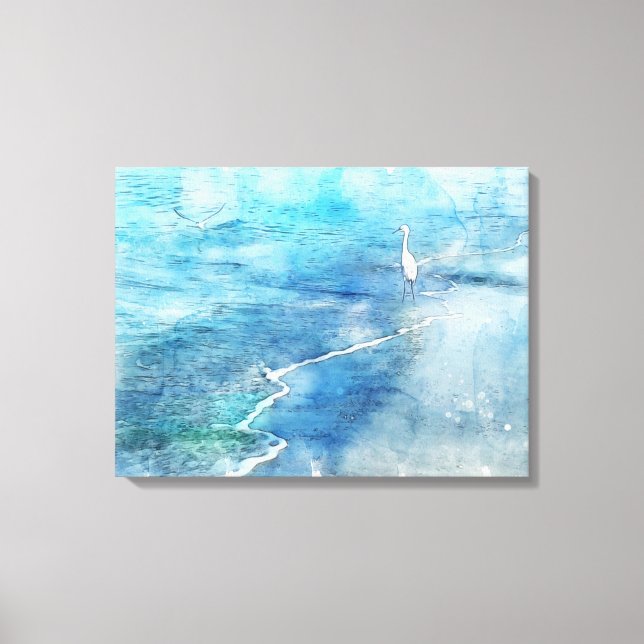 Coastal Tropical Beach Ocean Waves White Egret Canvas Print (Front)