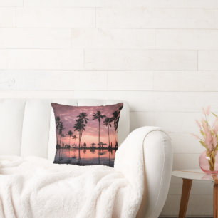 Coastal Tropical Beach with Palm Trees and Sunset Throw Pillow