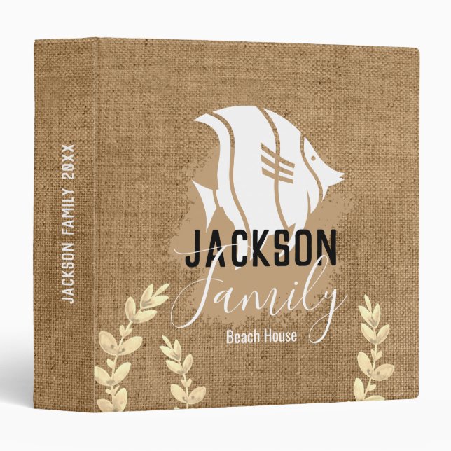 Coastal Tropical Fish Burlap Family Name 3 Ring Binder (Front/Spine)