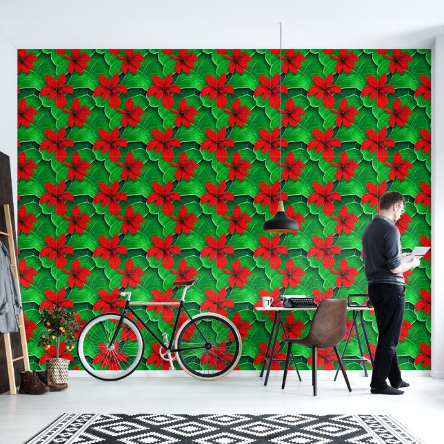 Coastal tropical flowers red green Hawaiian chic Wallpaper (Living Room)