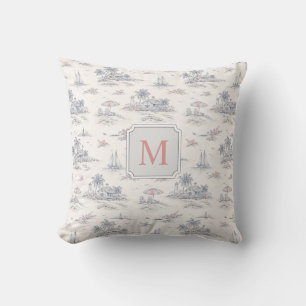 Coastal Tropical French Toile Monogram Name Throw Pillow