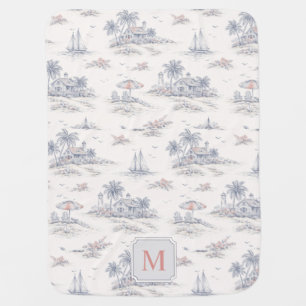 Coastal Tropical French Toile Name Baby Blanket