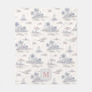Coastal Tropical French Toile Name Fleece Blanket