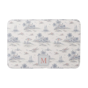 Coastal Tropical French Toile Pattern Monogram Bath Mat
