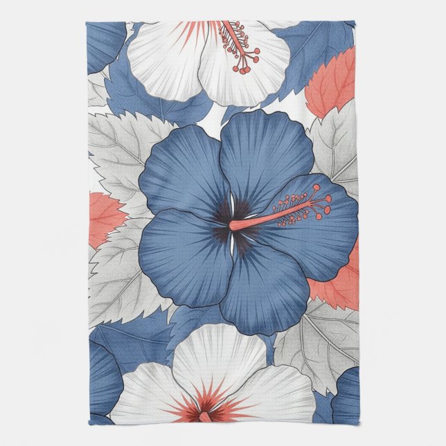 Coastal Tropical Hibiscus Pattern (1) Kitchen Towel (Vertical)