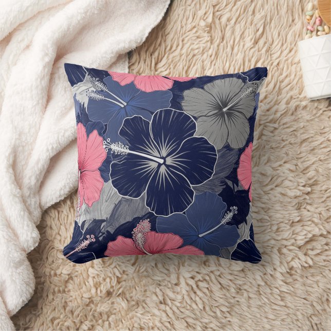Coastal Tropical Hibiscus Pattern (2) Throw Pillow (Blanket)