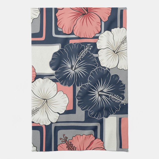 Coastal Tropical Hibiscus Pattern (4) Kitchen Towel (Vertical)