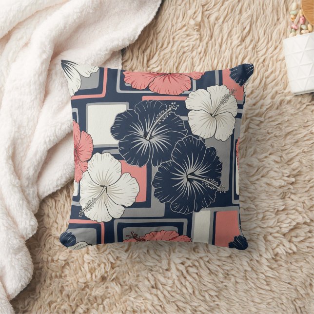 Coastal Tropical Hibiscus Pattern (4) Throw Pillow (Blanket)