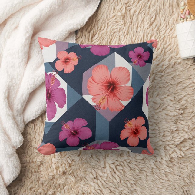 Coastal Tropical Hibiscus Pattern (8) Throw Pillow (Blanket)