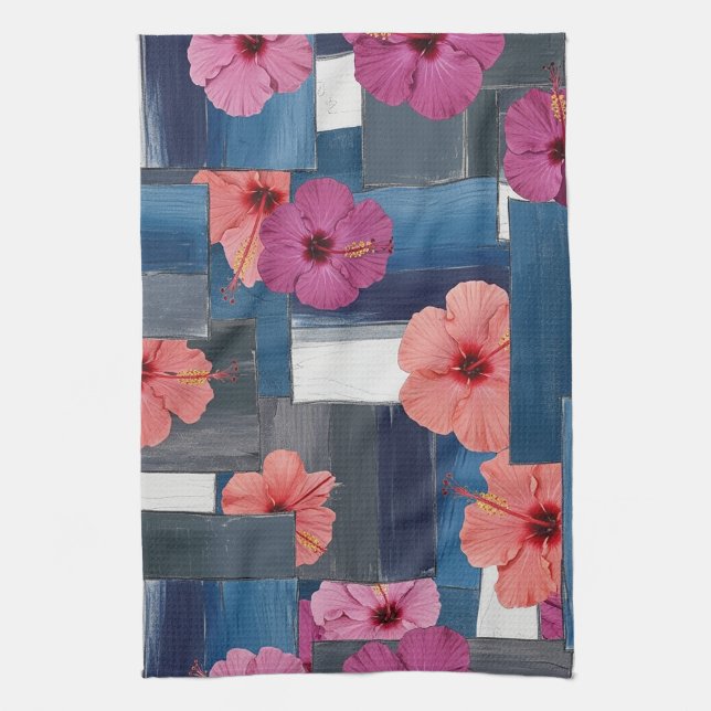 Coastal Tropical Hibiscus Pattern (9) Kitchen Towel (Vertical)