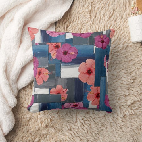 Coastal Tropical Hibiscus Pattern (9) Throw Pillow
