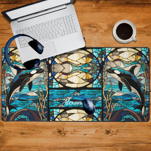 Coastal Tropical Orca Black Blue and Gold Desk Mat