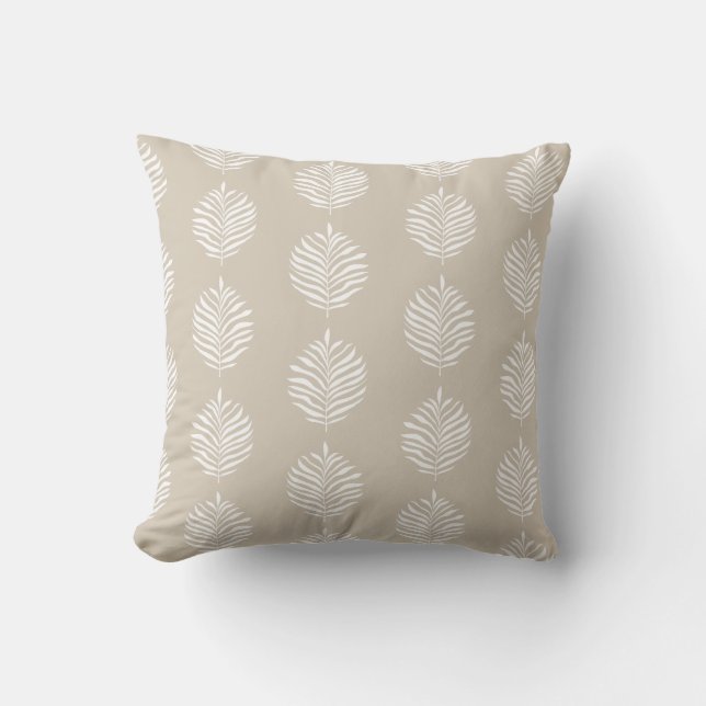 Coastal Tropical Palm Leaf Pattern Beige Throw Pillow (Front)