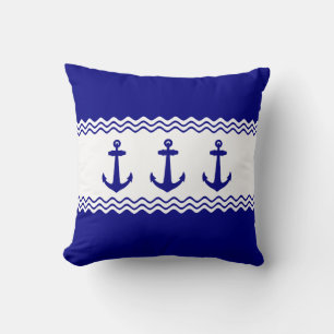 Coastal Turquoise Blue Anchor Stripe Nautical Throw Pillow