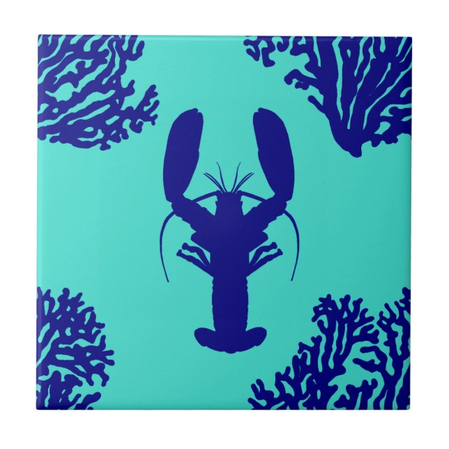 Coastal Turquoise Blue Lobster Pattern Ceramic Tile (Front)