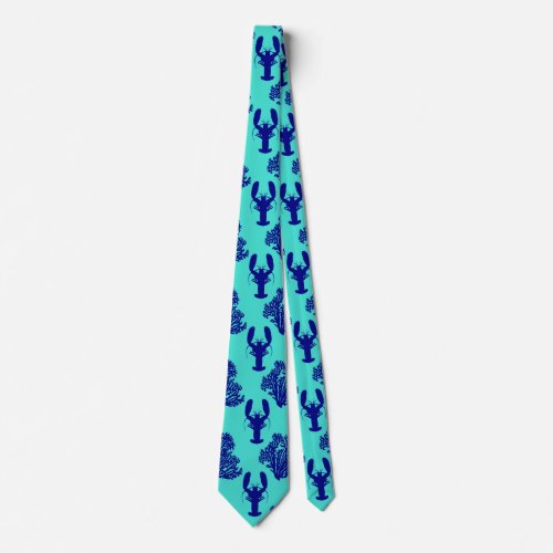 Coastal Turquoise Blue Lobster Pattern Neck Tie