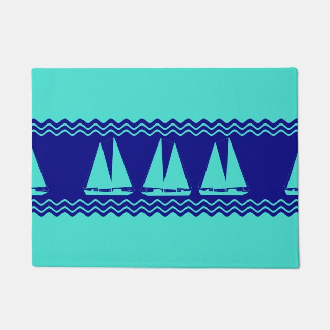 Coastal Turquoise Blue Sailboat Pattern Nautical Doormat (Front)